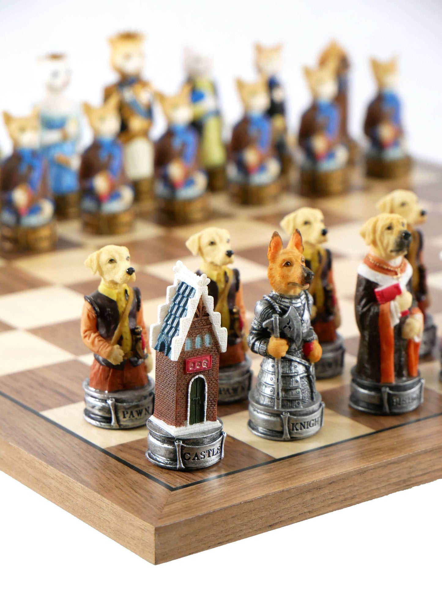 Chess Set - Cats & Dogs Resin Men on Walnut Maple Board - 