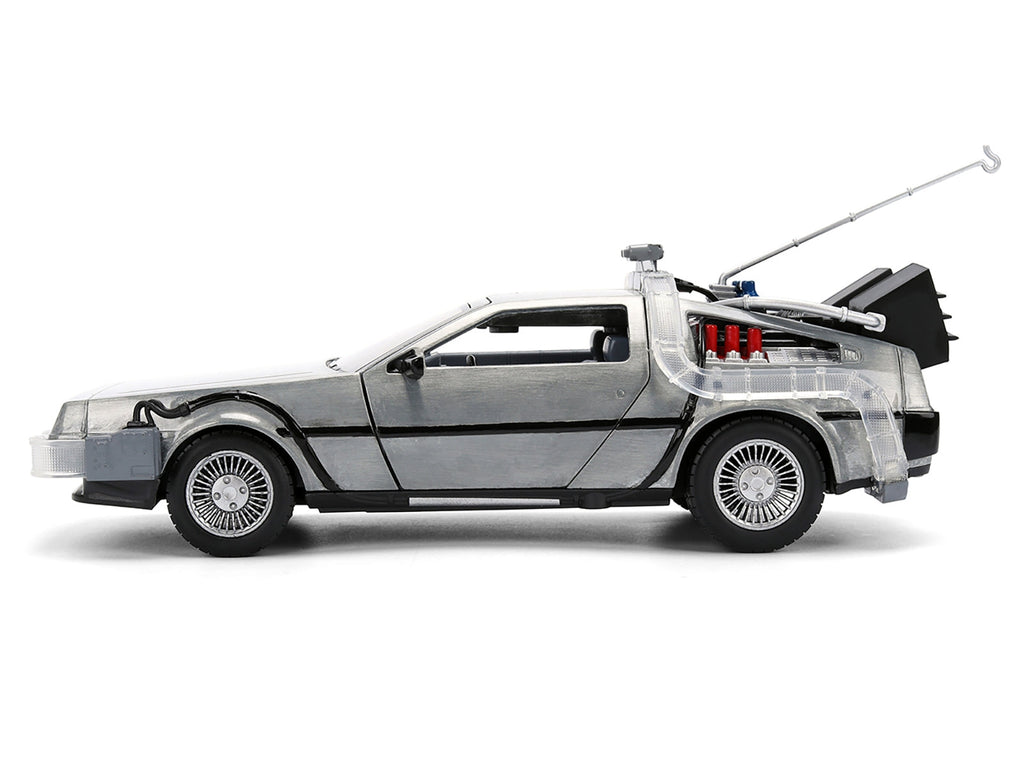 DeLorean Brushed Metal Time Machine with Lights "Back to the Future" (1985) Movie "40th Anniversary" Special Packaging "Hollywood Rides" Series 1/24 Diecast Model Car by Jada