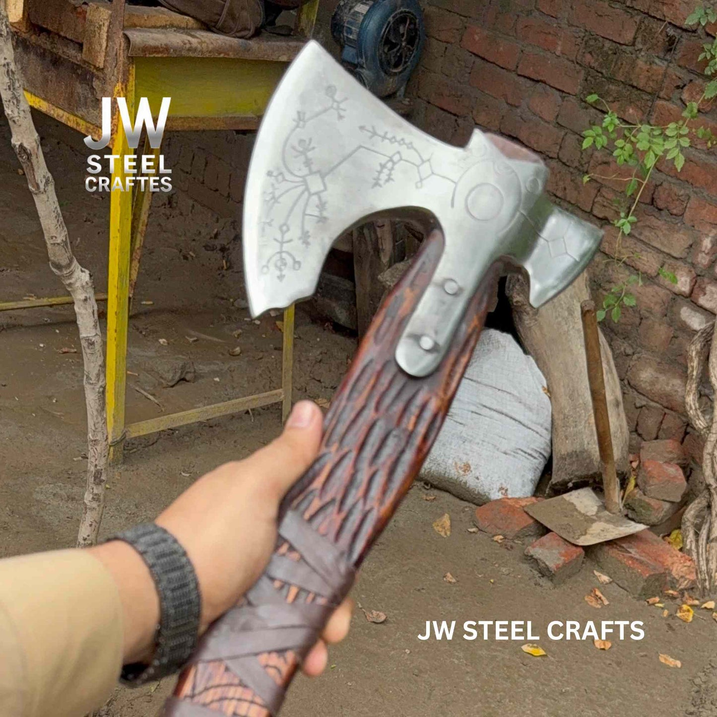 Hand Engraved Viking Double-Bit Axe with Carved Hardwood Handle and Norse Rune Detailing | Handmade Damascus Steel Collector Axe | JW SteelCrafts