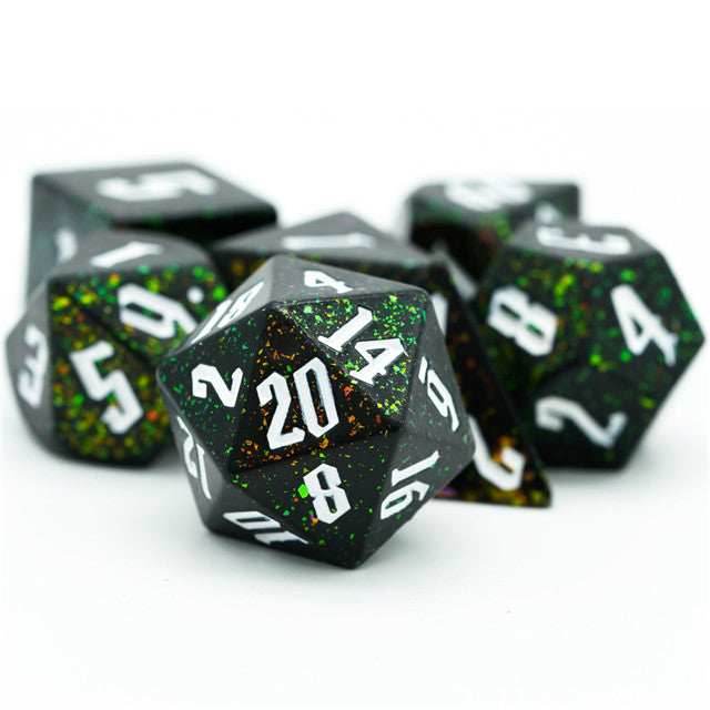 80's Monster Glitter DND Dice (Black,Green,Orange) 7-Dice Dungeons and Dragons Dice - 