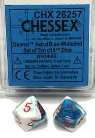 Chessex d10 Set of 10 Dice - Gemini: Astral Blue White/Red