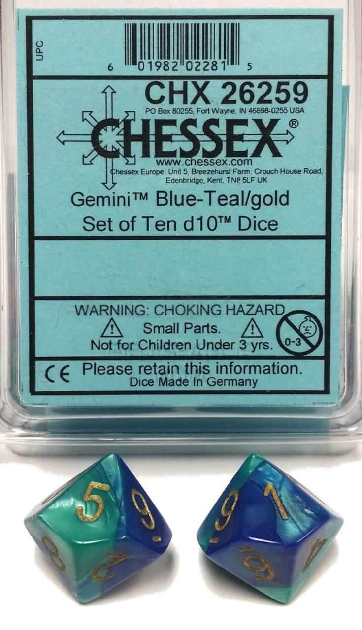 Chessex d10 Set of 10 Dice - Gemini: Blue Teal/Gold
