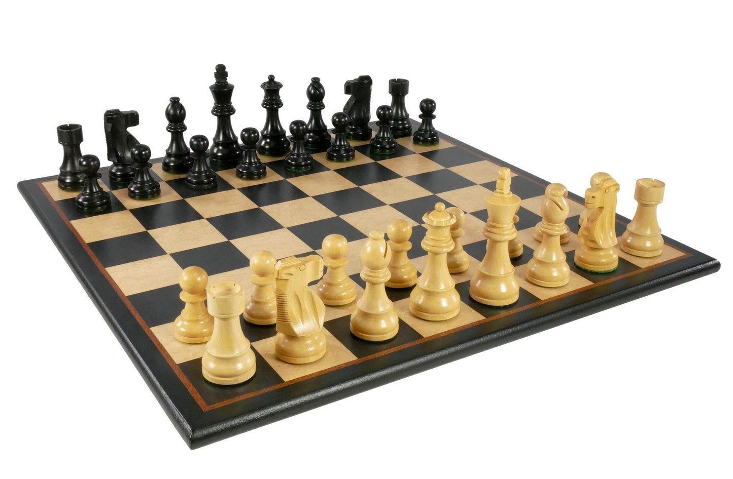 Chess Set - Black French Knight Pieces on Black and Birdseye Maple Veneer Board - 