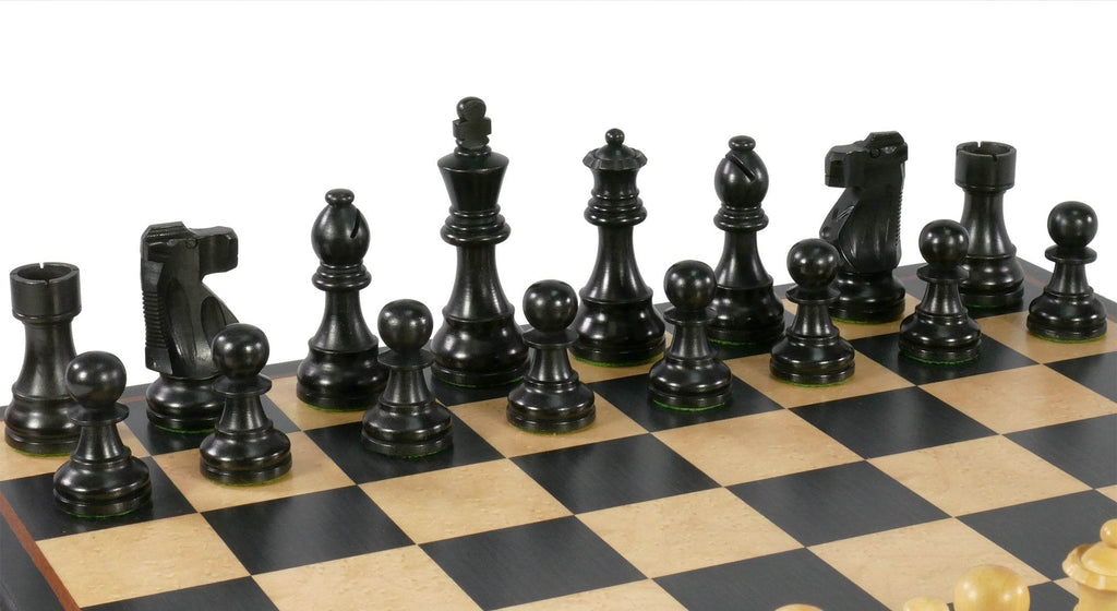 Chess Set - Black French Knight Pieces on Black and Birdseye Maple Veneer Board - 