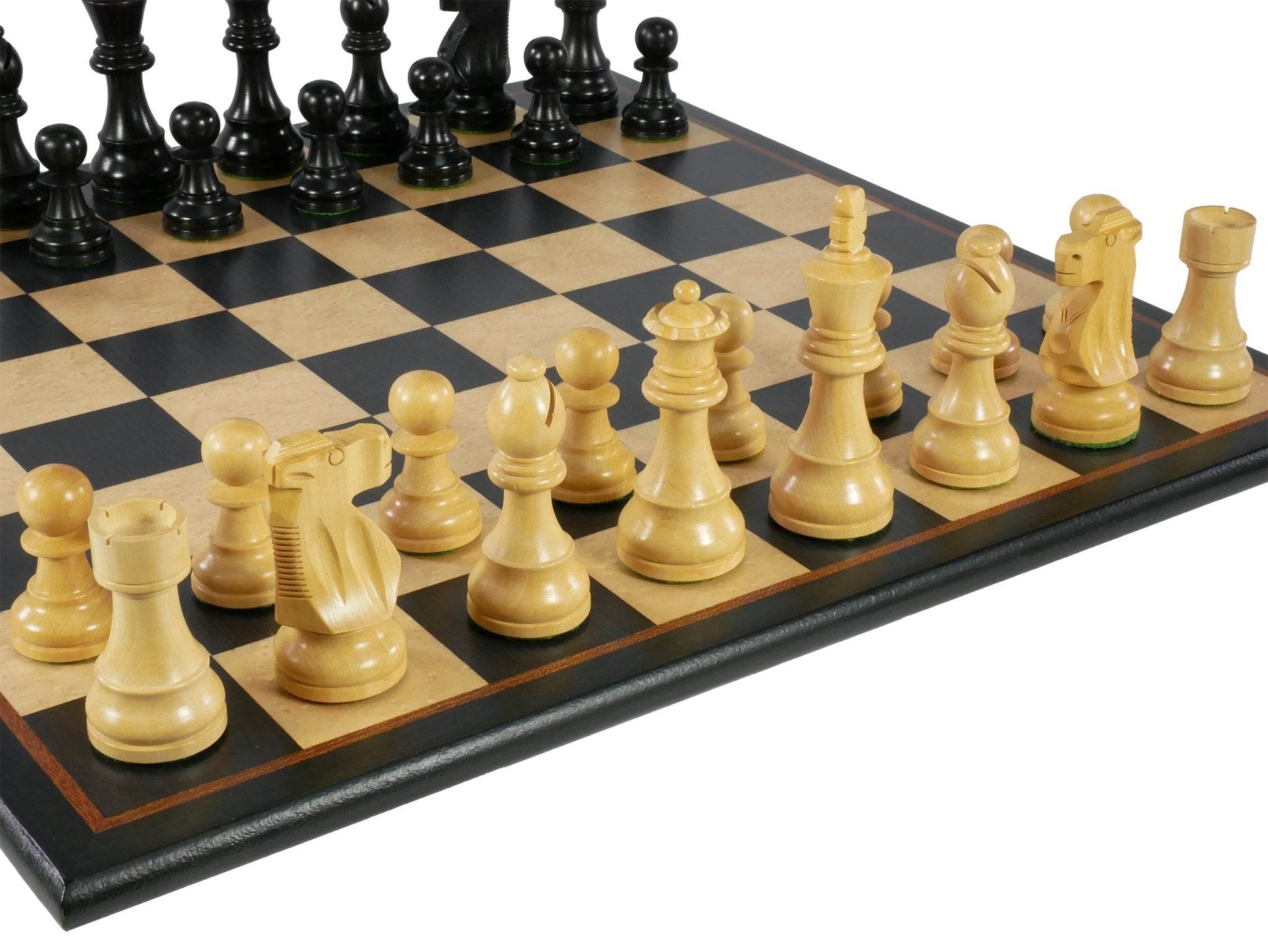 Chess Set - Black French Knight Pieces on Black and Birdseye Maple Veneer Board - 