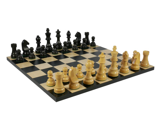Chess set - Black/Natural Boxwood Pieces on Black & Maple Basic Chess Board - 