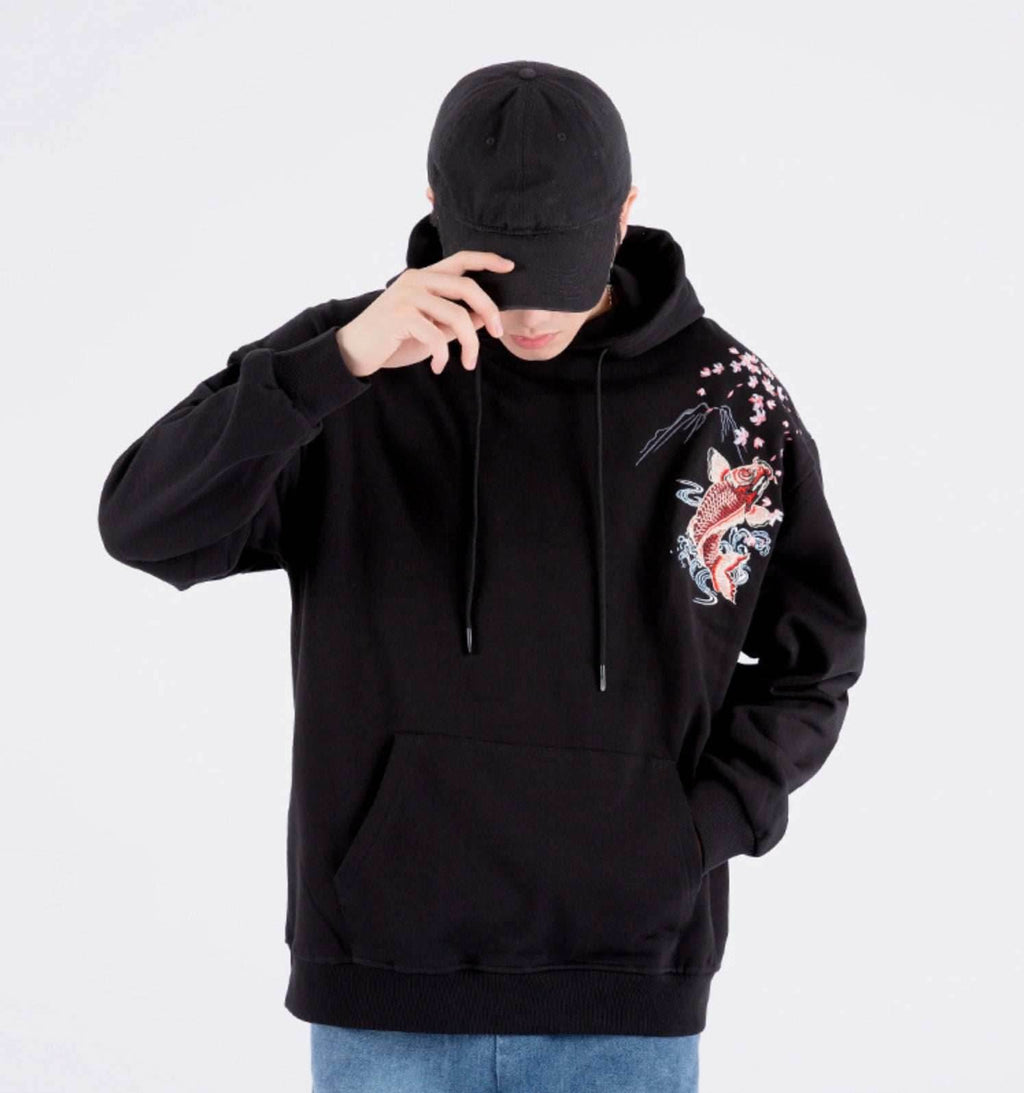 KH9197 Red Koi Embroidery Hoodie - Black / S