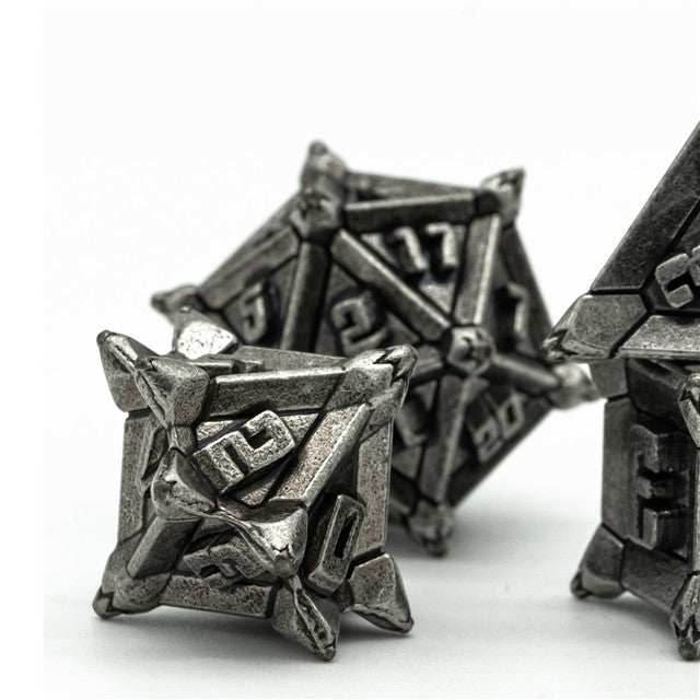 Vintage Silver Pinwheel Strengthened Metal 7-Dice Set | Metal DND Dice - 