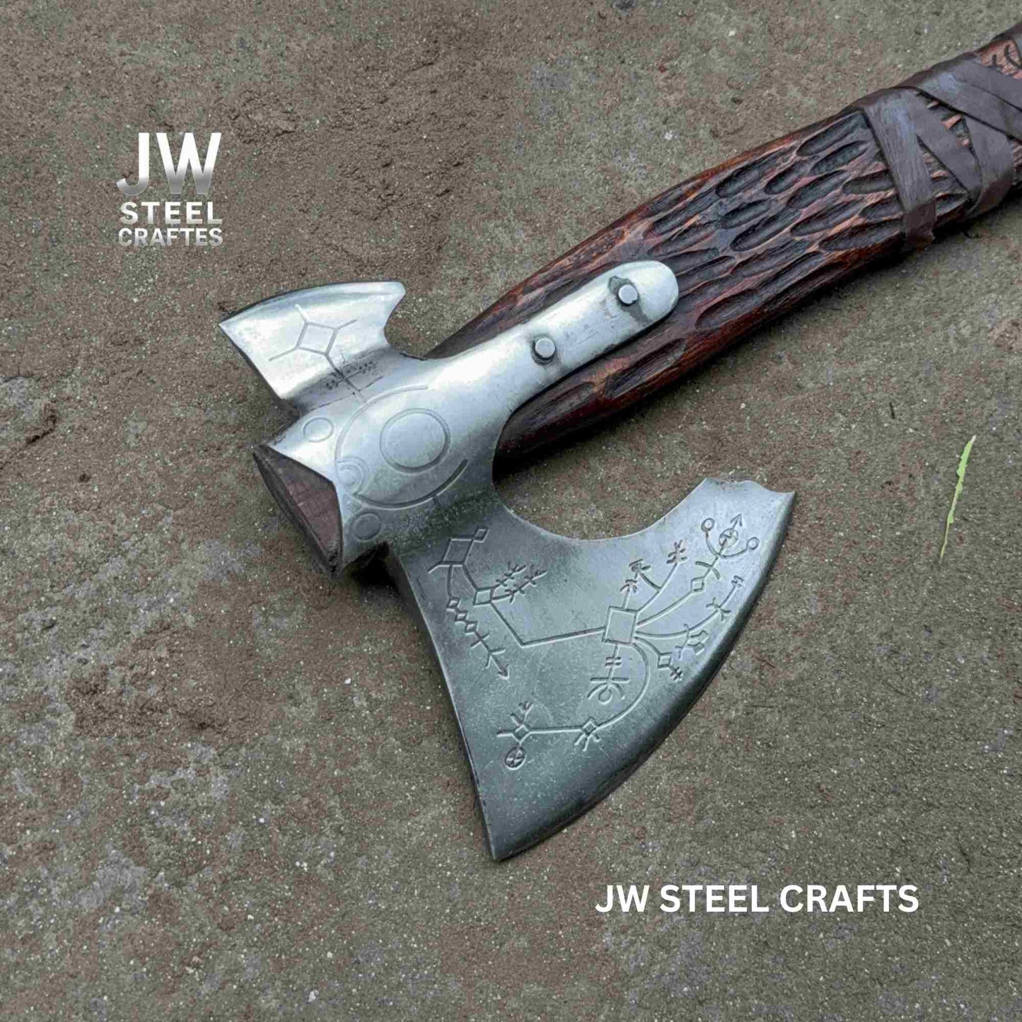 Hand Engraved Viking Double-Bit Axe with Carved Hardwood Handle and Norse Rune Detailing | Handmade Damascus Steel Collector Axe | JW SteelCrafts