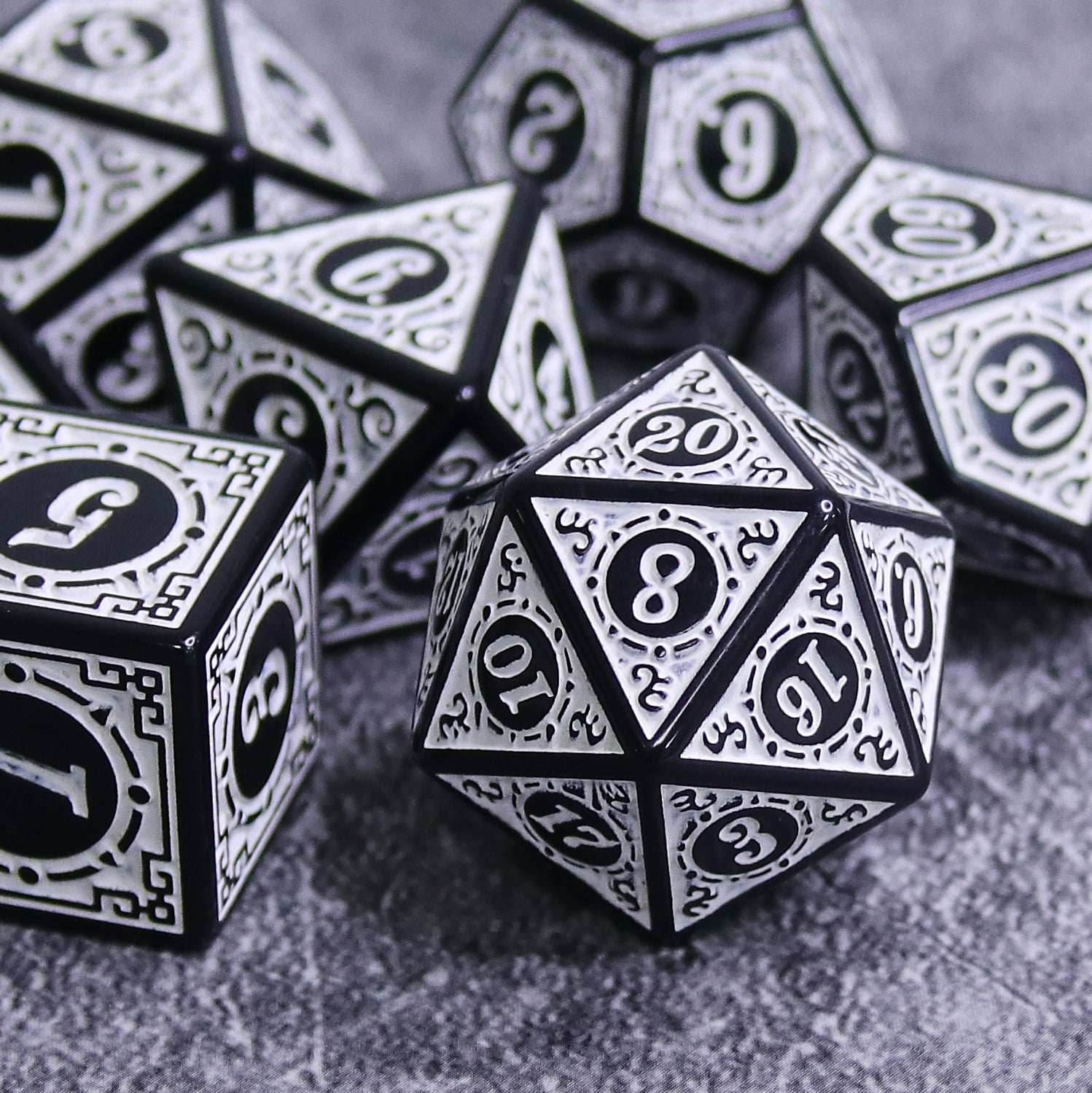 White Magic Flame 7-Dice Set DND RPG Dice Black w/Color Fill - 