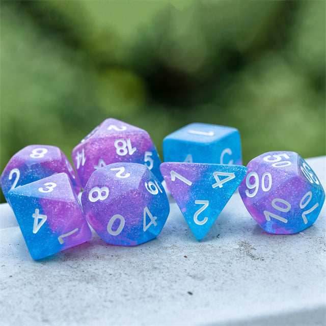 Purple Blue Two Tone 7-Dice Dnd Dice | Glitter w/White Numbers Set - 