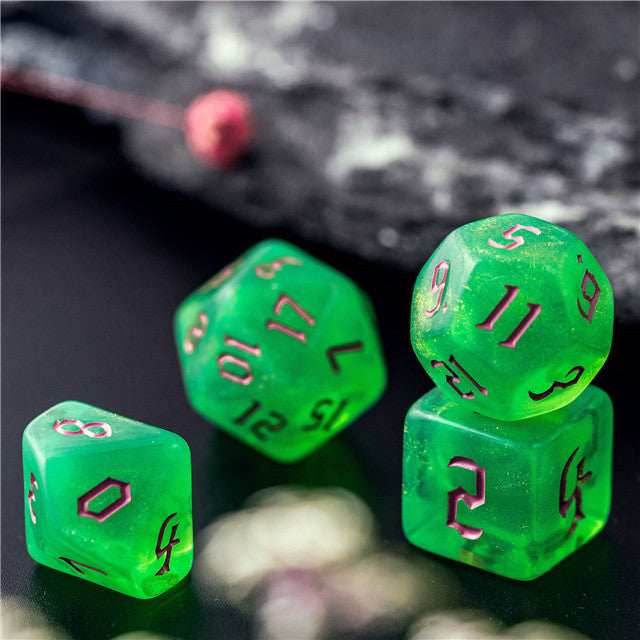 Green Glitter Party Glitter Dice (Pink font) 7-Dice Set RPG DND - 