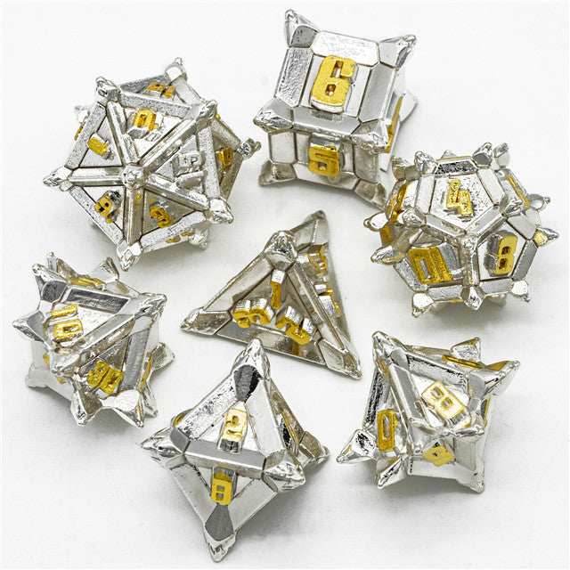 White w/Gold Pinwheel Strengthened Metal 7-Dice Set | Metal DND Dice - 