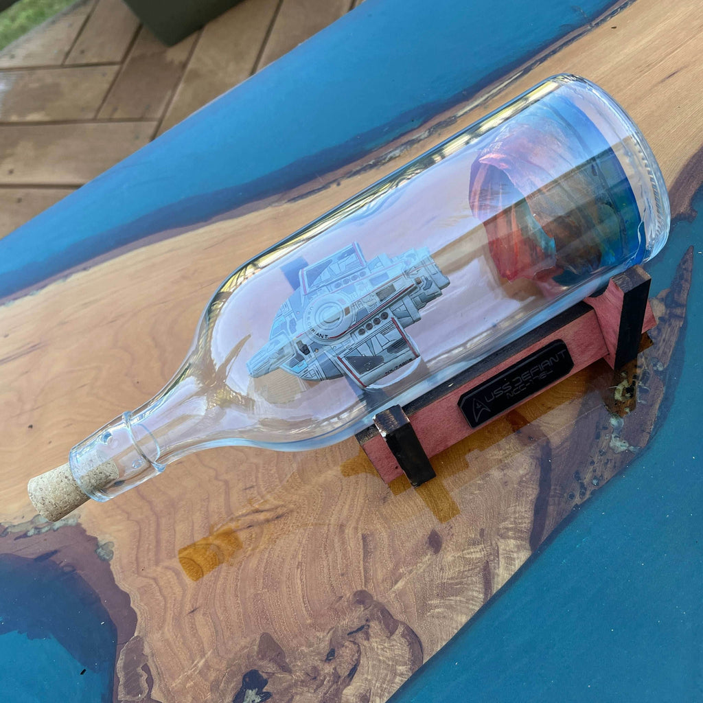 Star Trek USS Defiant and Wormhole in a Bottle - With Stand