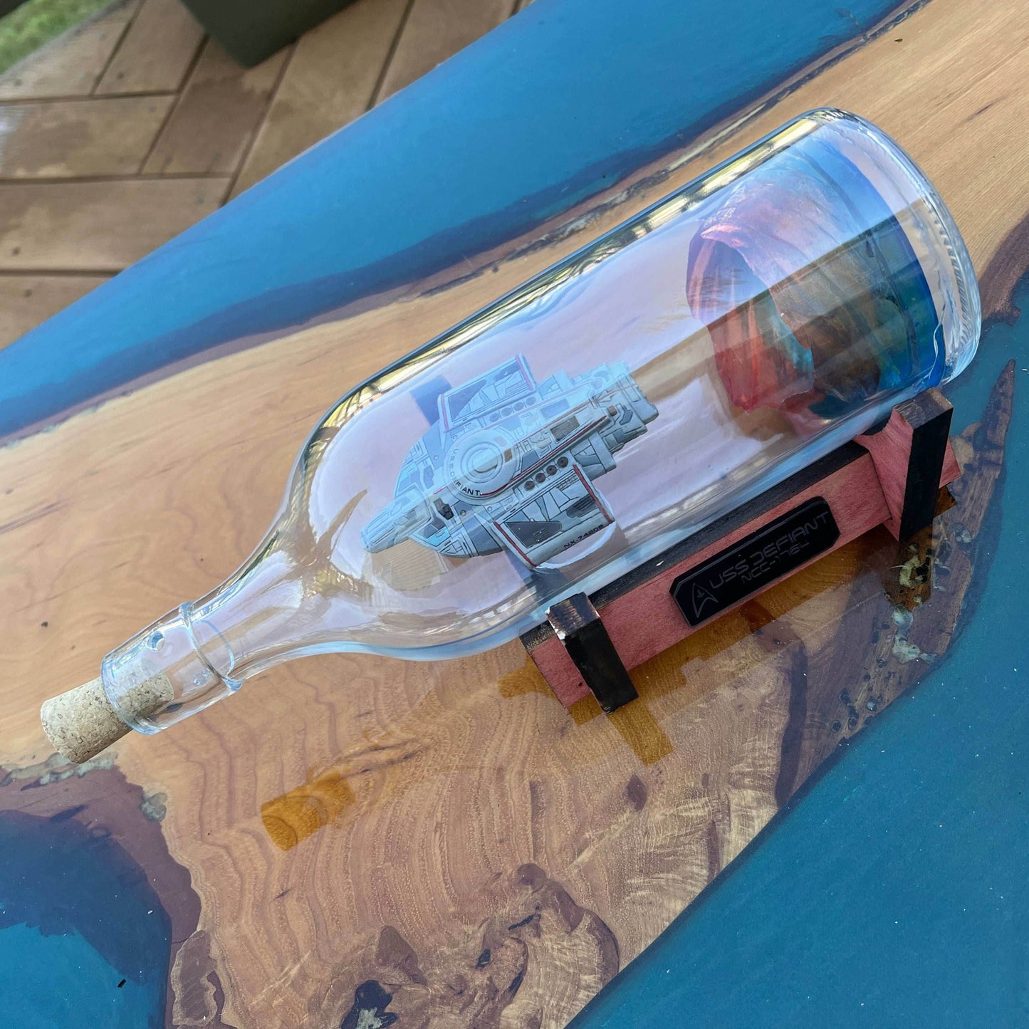 Star Trek USS Defiant and Wormhole in a Bottle - With Stand