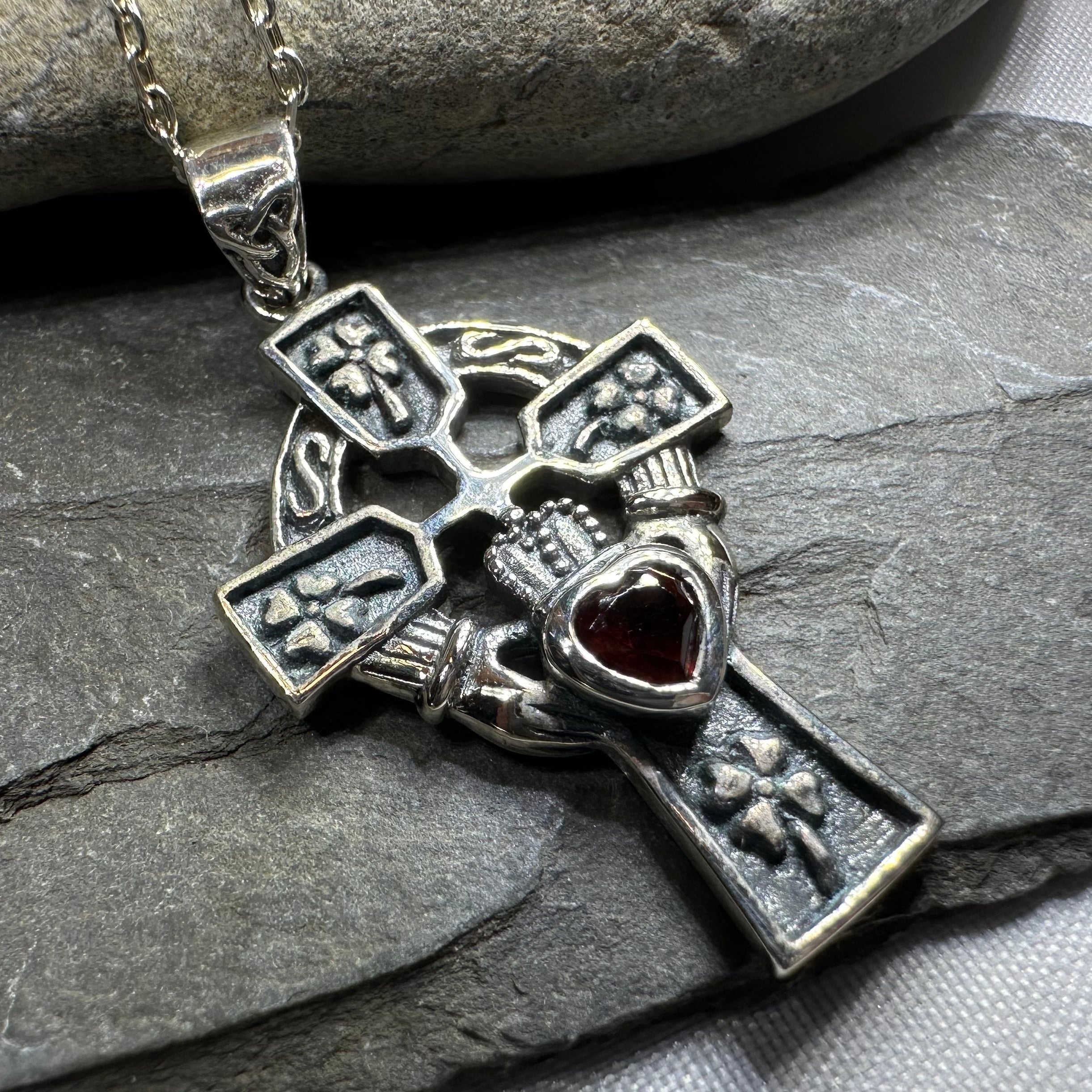 Irish Love Shamrock Claddagh Cross Necklace