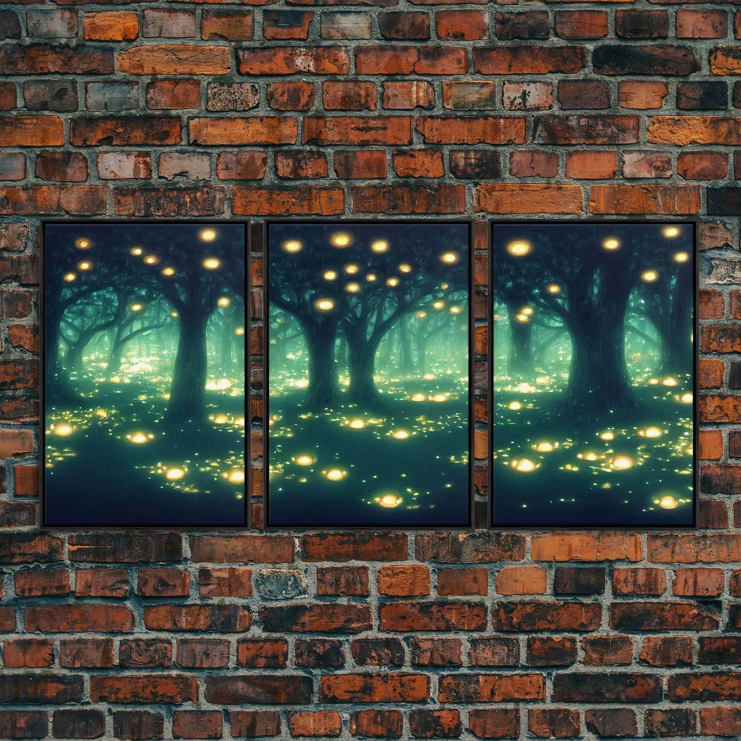 Fantasy forest wall decor, ready to hang 3 piece canvas print, 3 piece wall art, firefly wall art, Fireflies In A Fairy Forest at Night - 8x12 In. - 3 Pieces / Black Frame