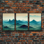 Emerald green rolling hills, fantasy mountains, 3 piece wall art, 3 piece canvas print, cool home wall decor - 8x12 In. - 3 Pieces / Black Frame