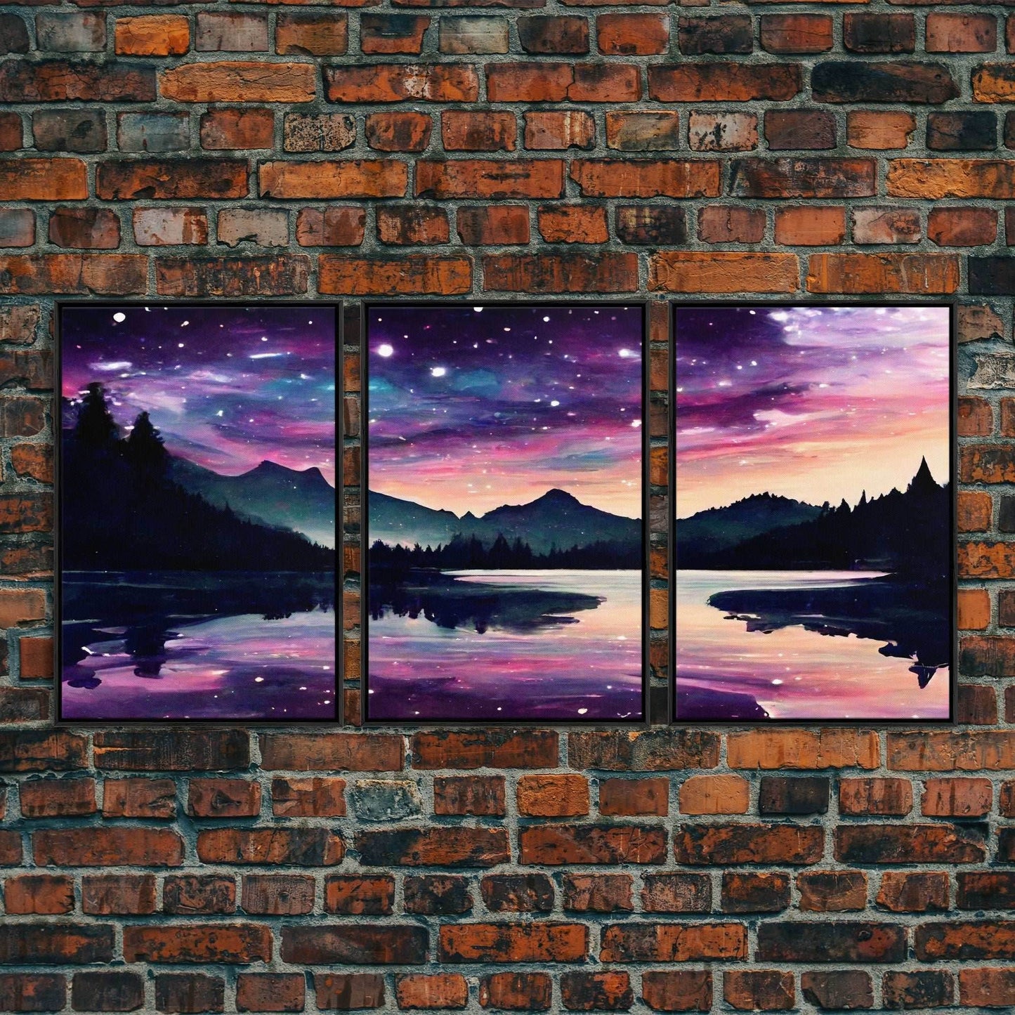 Fantasy Starry Night Magical Forest Landscape, 3 Piece Wall Art, Ready To Hang Canvas Print, Cool Unique Living Room Wall Art Decor - 8x12 In. - 3 Pieces / Black Frame