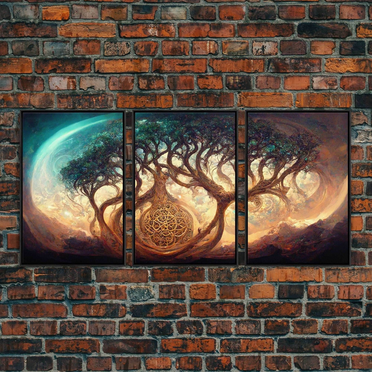 Yggdrasil Tree of Life, Nordic Viking Fantasy Art, Ready To Hang Canvas Print, Cool Living Room Wall Art Decor - 8x12 In. - 3 Pieces / Black Frame
