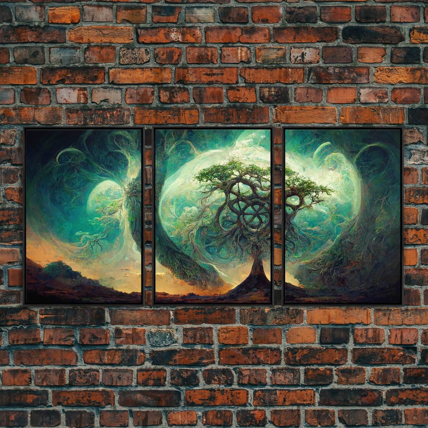 Yggdrasil Tree of Life, Nordic Viking Fantasy Art, Ready To Hang Canvas Print, Cool Living Room Wall Art Decor - 8x12 In. - 3 Pieces / Black Frame
