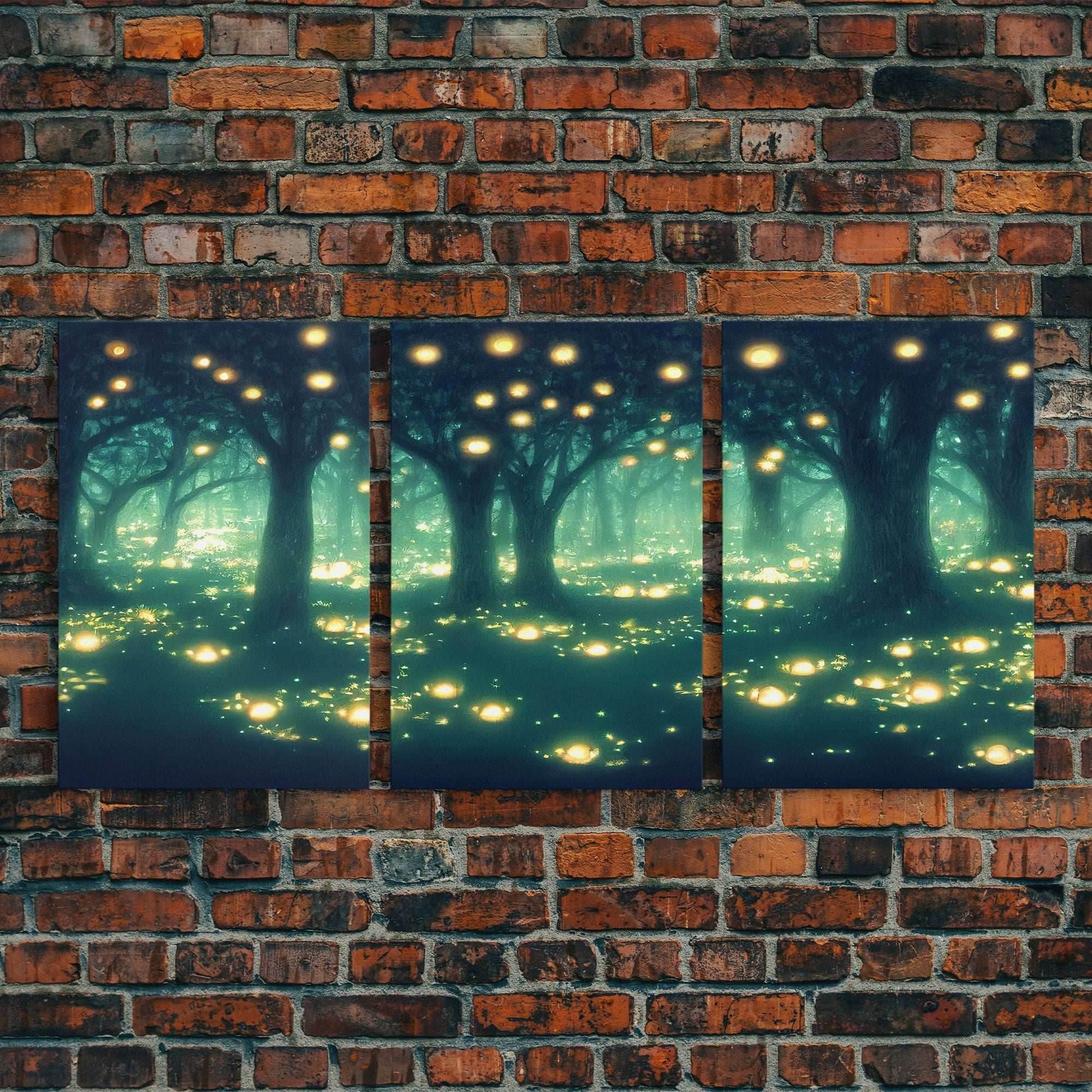 Fantasy forest wall decor, ready to hang 3 piece canvas print, 3 piece wall art, firefly wall art, Fireflies In A Fairy Forest at Night - 8x12 In. - 3 Pieces / Stretched Canvas
