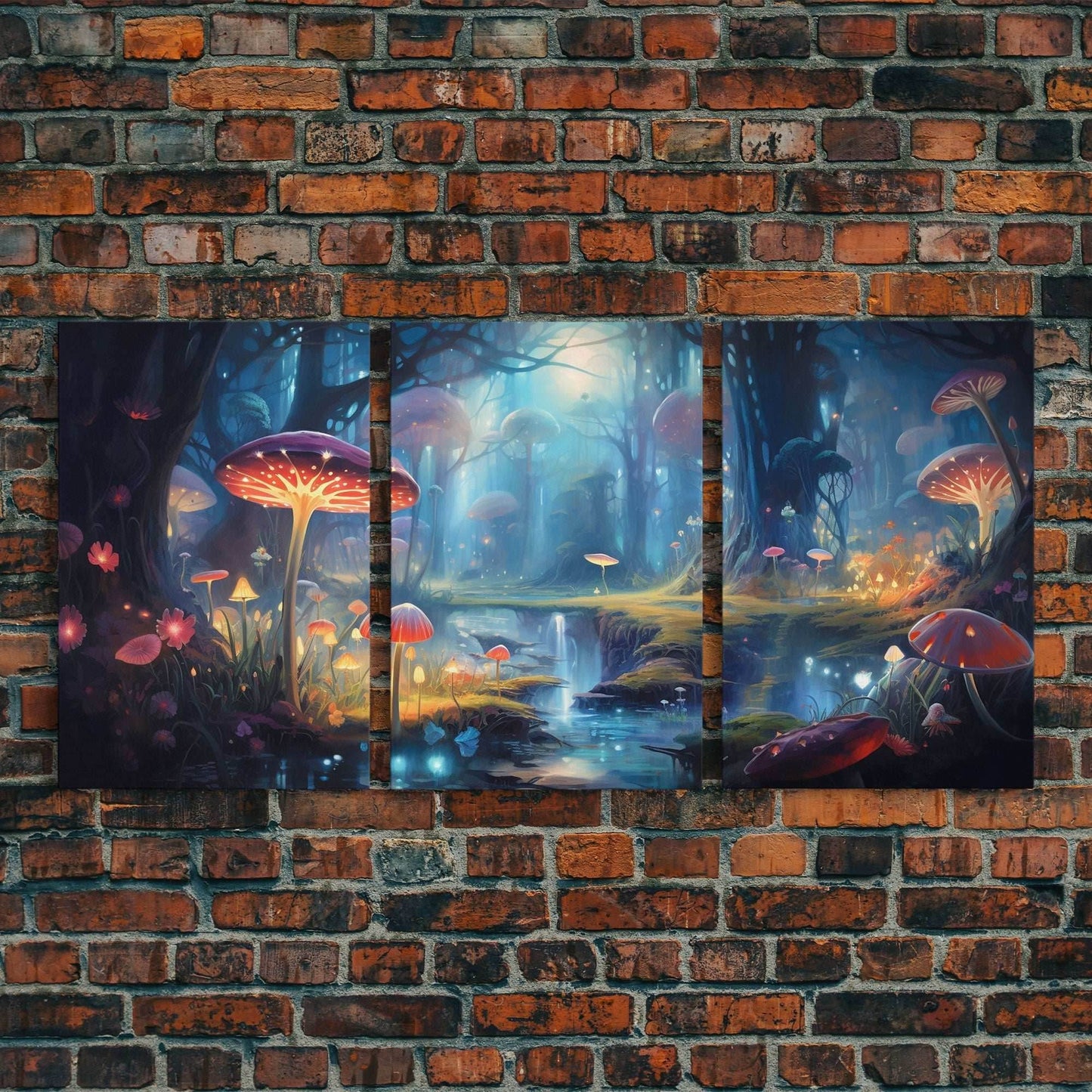 Magical dark forest art print on canvas, fantasy forest, oil style painting, large landscape wall art for home, ready to hang, 3 Piece Art - 8x12 In. - 3 Pieces / Stretched Canvas
