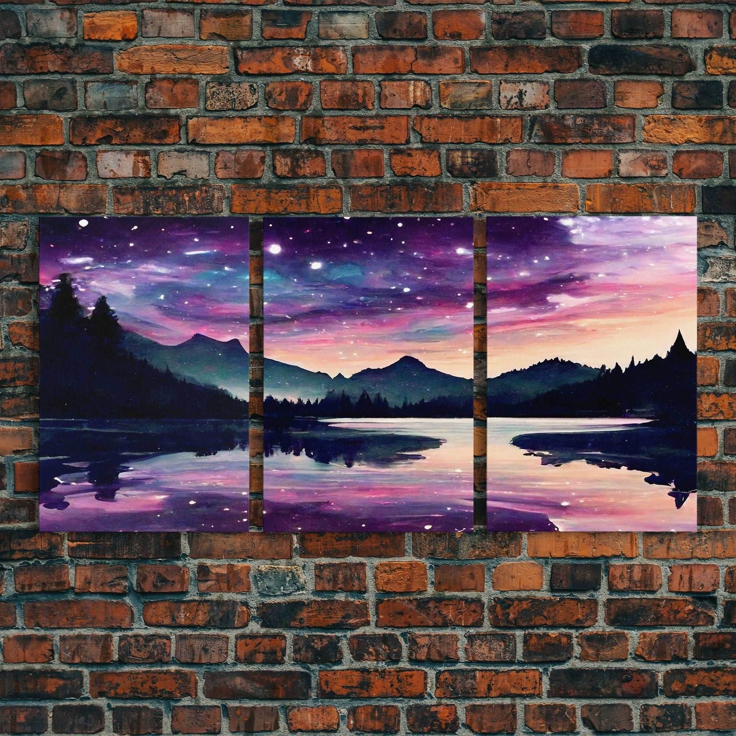 Fantasy Starry Night Magical Forest Landscape, 3 Piece Wall Art, Ready To Hang Canvas Print, Cool Unique Living Room Wall Art Decor - 8x12 In. - 3 Pieces / Stretched Canvas