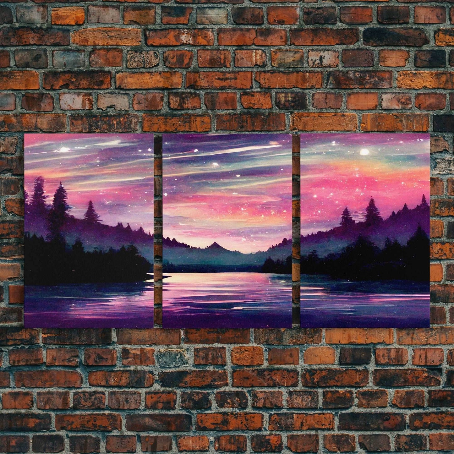 Starry Night Magical Forest Fantasy Landscape, 3 Piece Wall Art, Ready To Hang Canvas Print, Cool Living Room Wall Art Decor - 8x12 In. - 3 Pieces / Stretched Canvas