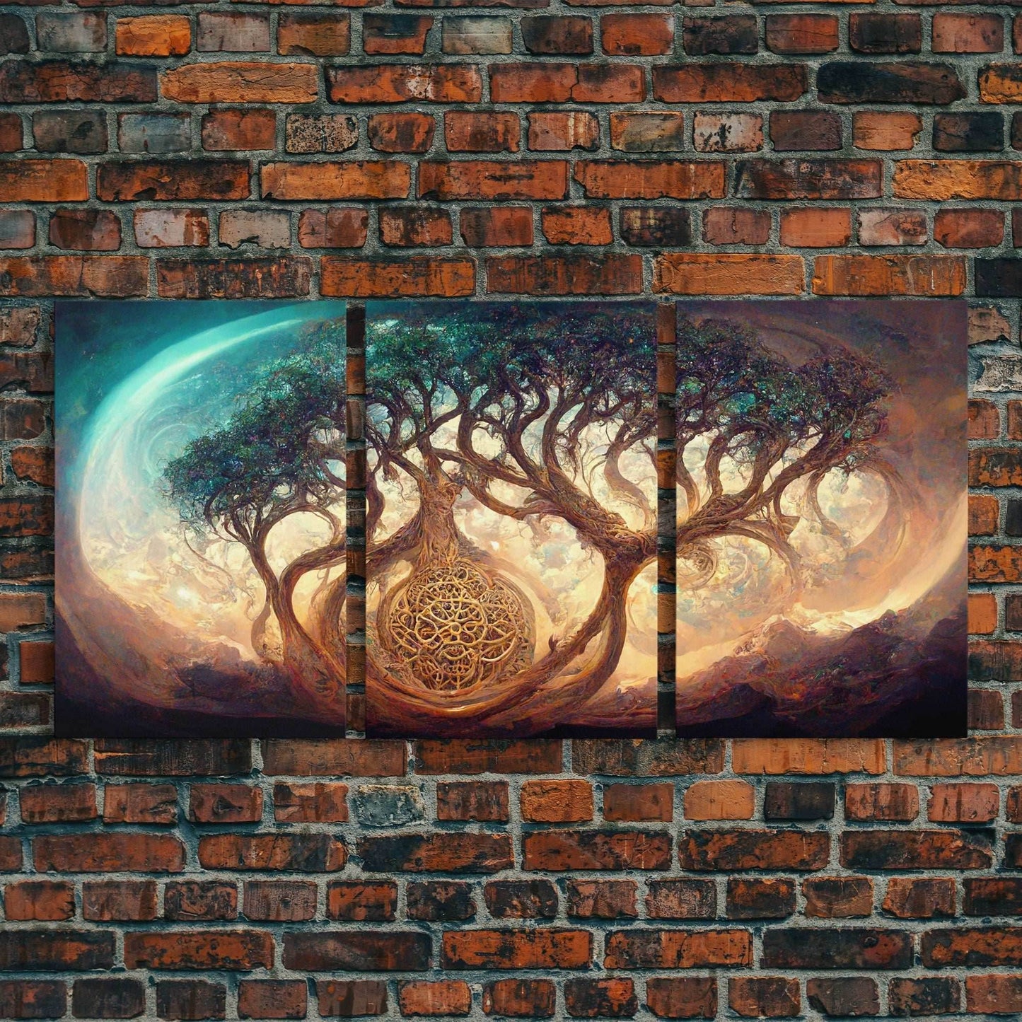 Yggdrasil Tree of Life, Nordic Viking Fantasy Art, Ready To Hang Canvas Print, Cool Living Room Wall Art Decor - 8x12 In. - 3 Pieces / Stretched Canvas