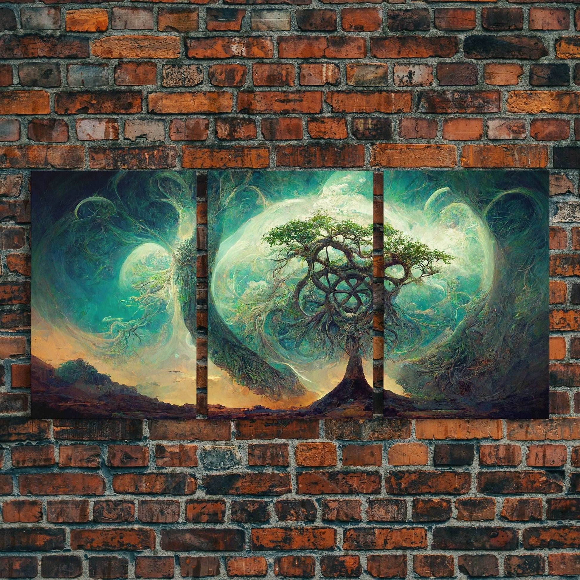 Yggdrasil Tree of Life, Nordic Viking Fantasy Art, Ready To Hang Canvas Print, Cool Living Room Wall Art Decor - 8x12 In. - 3 Pieces / Stretched Canvas