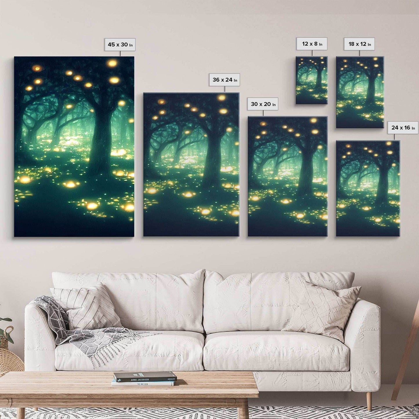 Fantasy forest wall decor, ready to hang 3 piece canvas print, 3 piece wall art, firefly wall art, Fireflies In A Fairy Forest at Night - 8x12 In. - 3 Pieces / Stretched Canvas