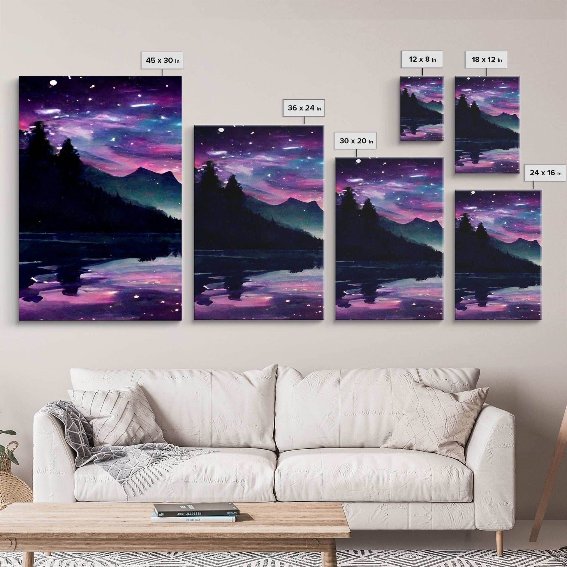 Fantasy Starry Night Magical Forest Landscape, 3 Piece Wall Art, Ready To Hang Canvas Print, Cool Unique Living Room Wall Art Decor - 8x12 In. - 3 Pieces / Stretched Canvas