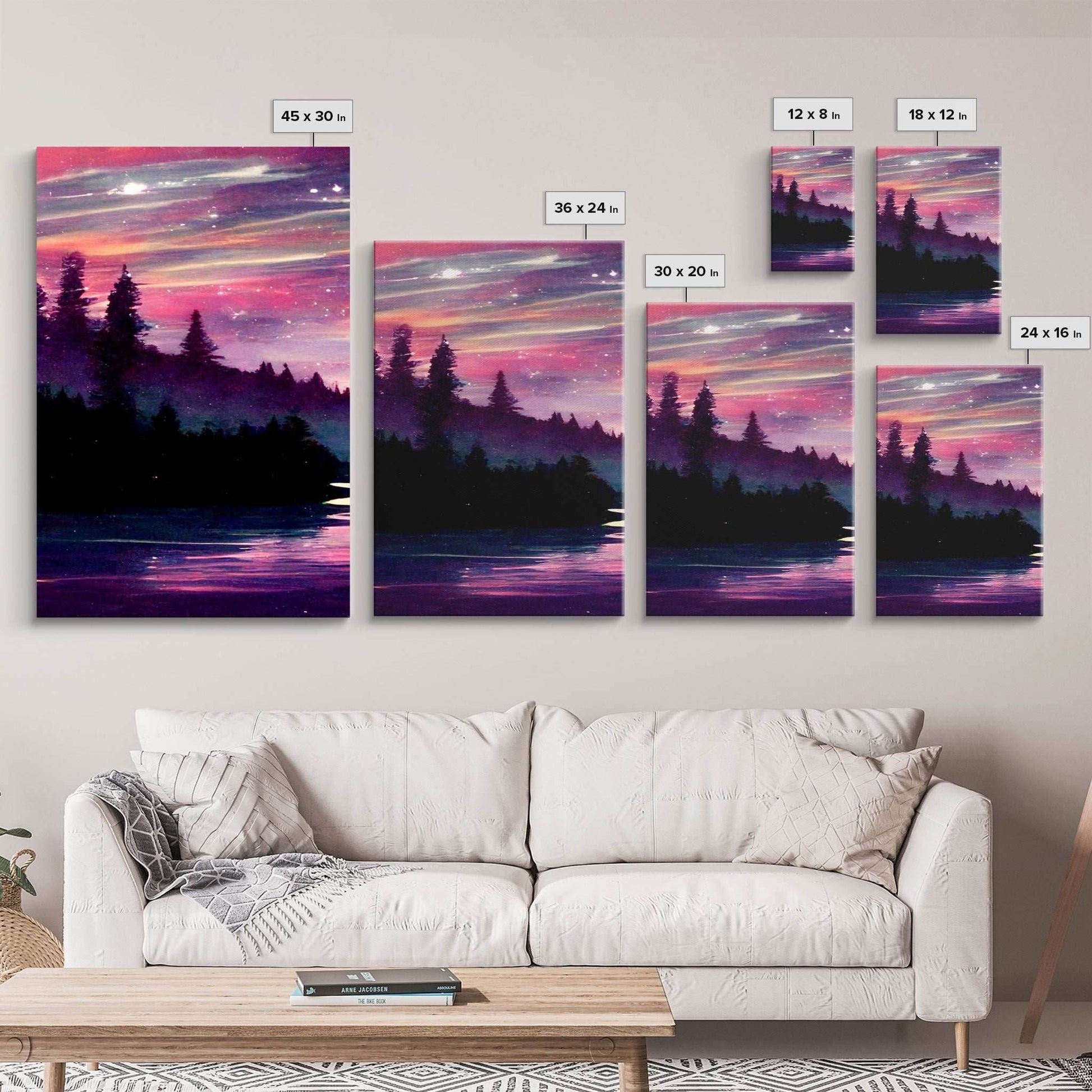 Starry Night Magical Forest Fantasy Landscape, 3 Piece Wall Art, Ready To Hang Canvas Print, Cool Living Room Wall Art Decor - 8x12 In. - 3 Pieces / Stretched Canvas