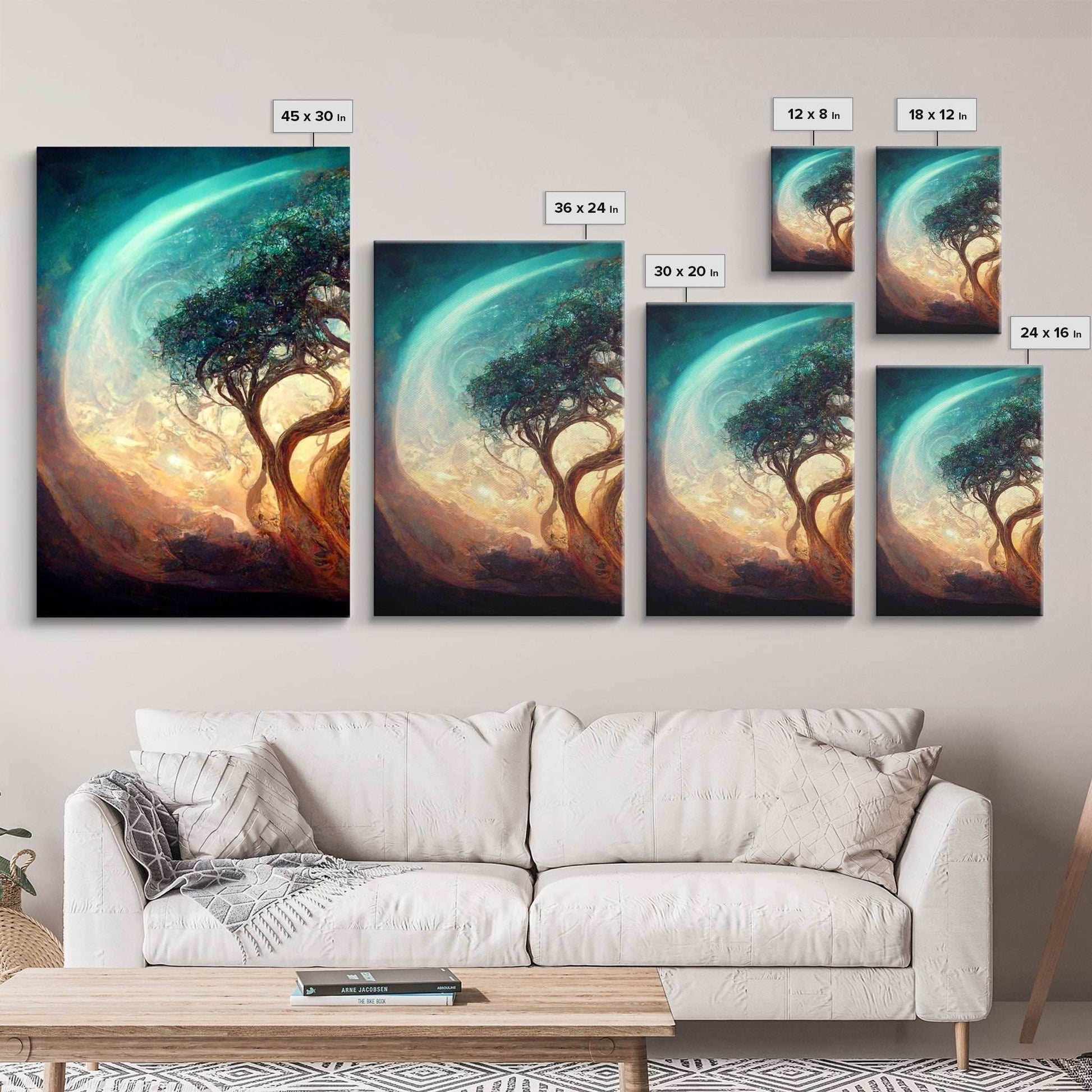 Yggdrasil Tree of Life, Nordic Viking Fantasy Art, Ready To Hang Canvas Print, Cool Living Room Wall Art Decor - 8x12 In. - 3 Pieces / Stretched Canvas