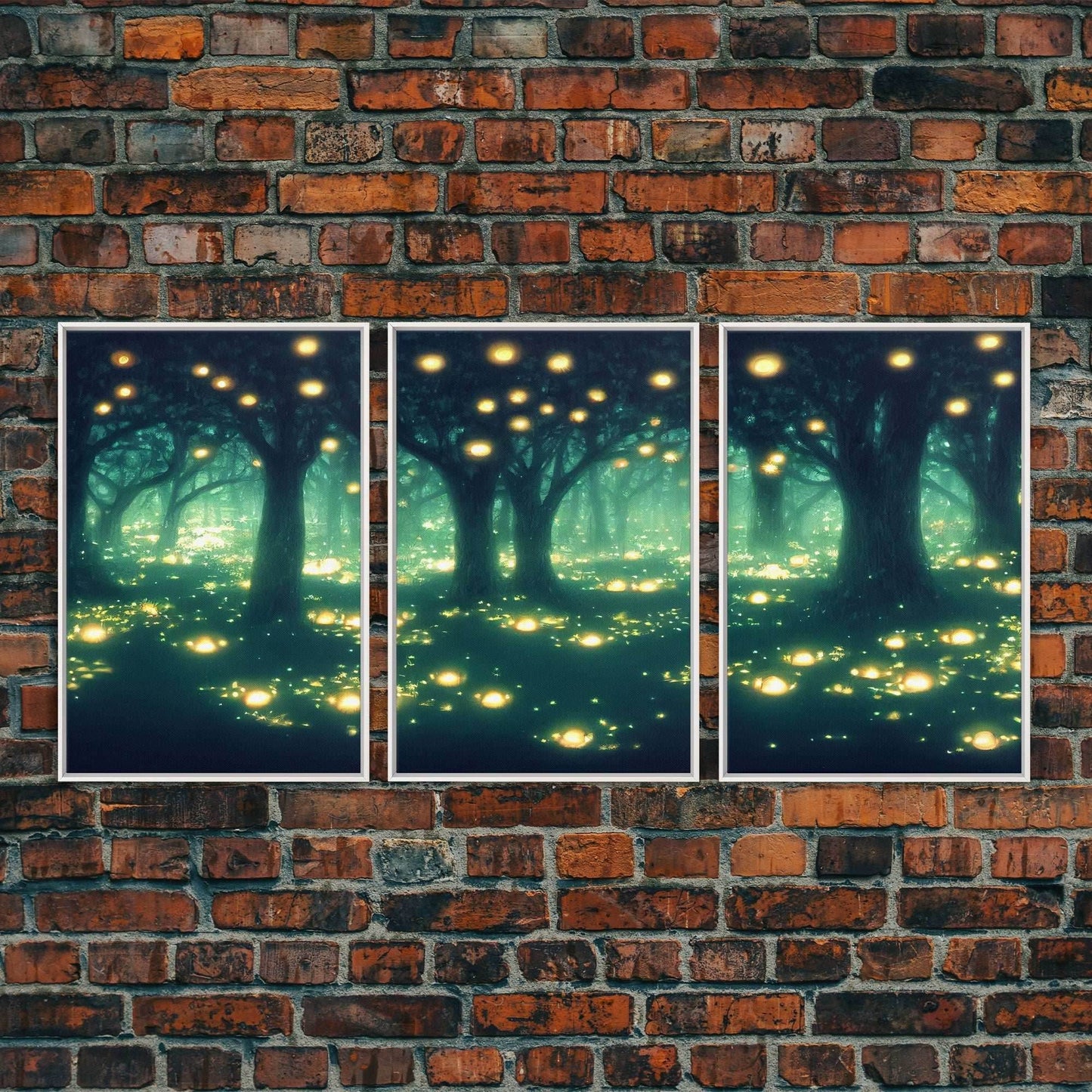 Fantasy forest wall decor, ready to hang 3 piece canvas print, 3 piece wall art, firefly wall art, Fireflies In A Fairy Forest at Night - 8x12 In. - 3 Pieces / White Frame