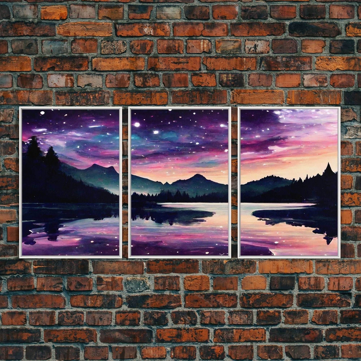 Fantasy Starry Night Magical Forest Landscape, 3 Piece Wall Art, Ready To Hang Canvas Print, Cool Unique Living Room Wall Art Decor - 8x12 In. - 3 Pieces / White Frame