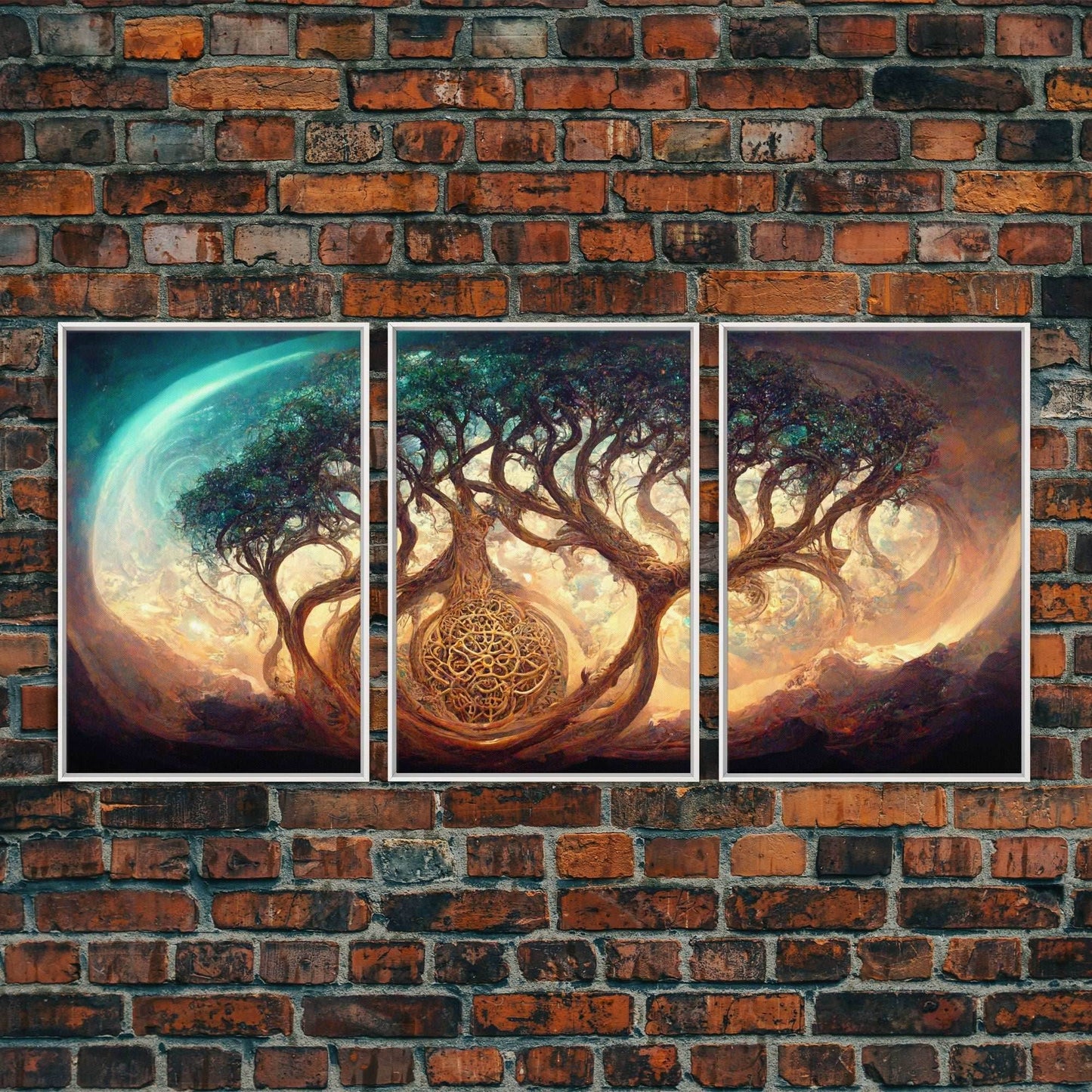 Yggdrasil Tree of Life, Nordic Viking Fantasy Art, Ready To Hang Canvas Print, Cool Living Room Wall Art Decor - 8x12 In. - 3 Pieces / White Frame