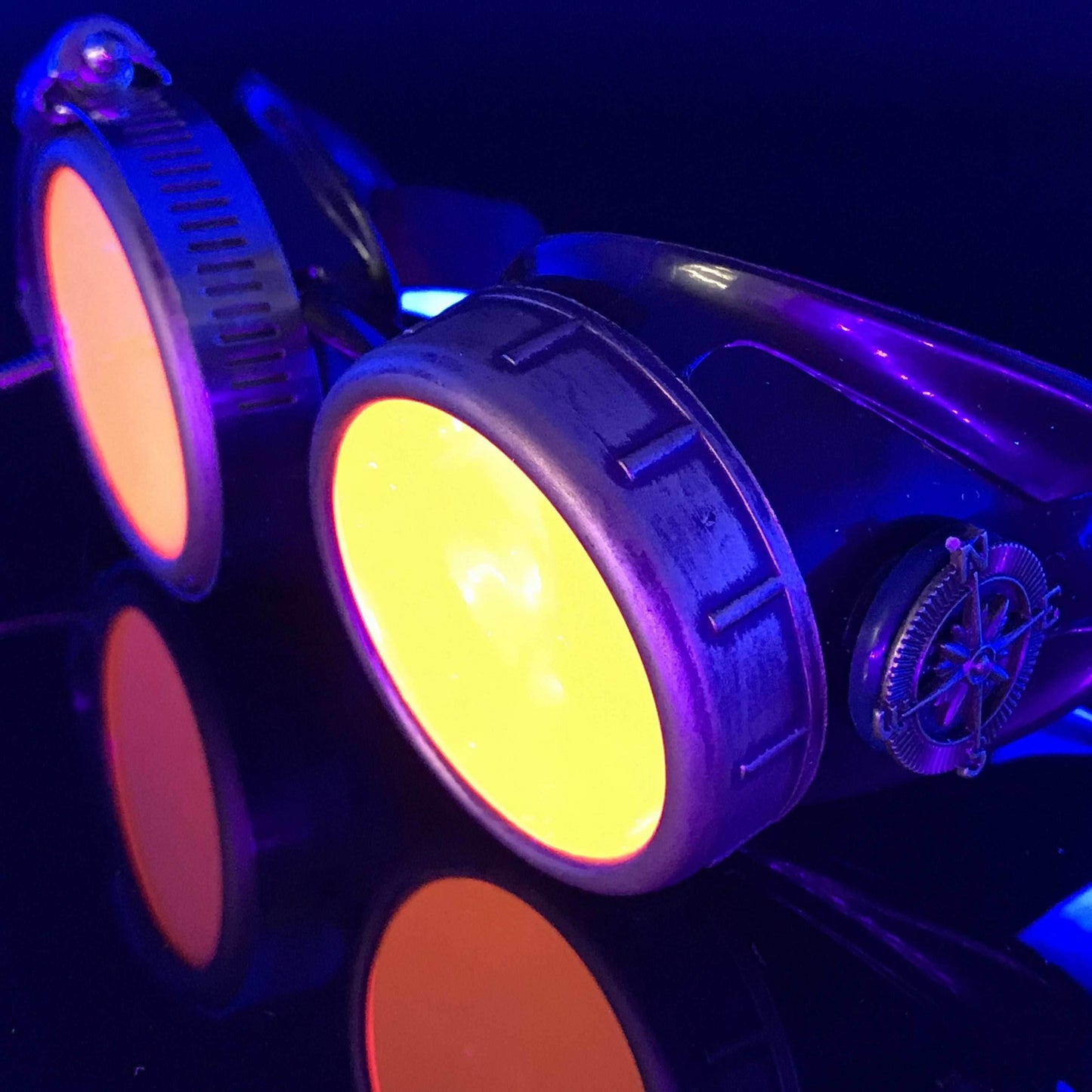 Steampunk Goggles with magnifying loupes UV glow neon pink lenses - 