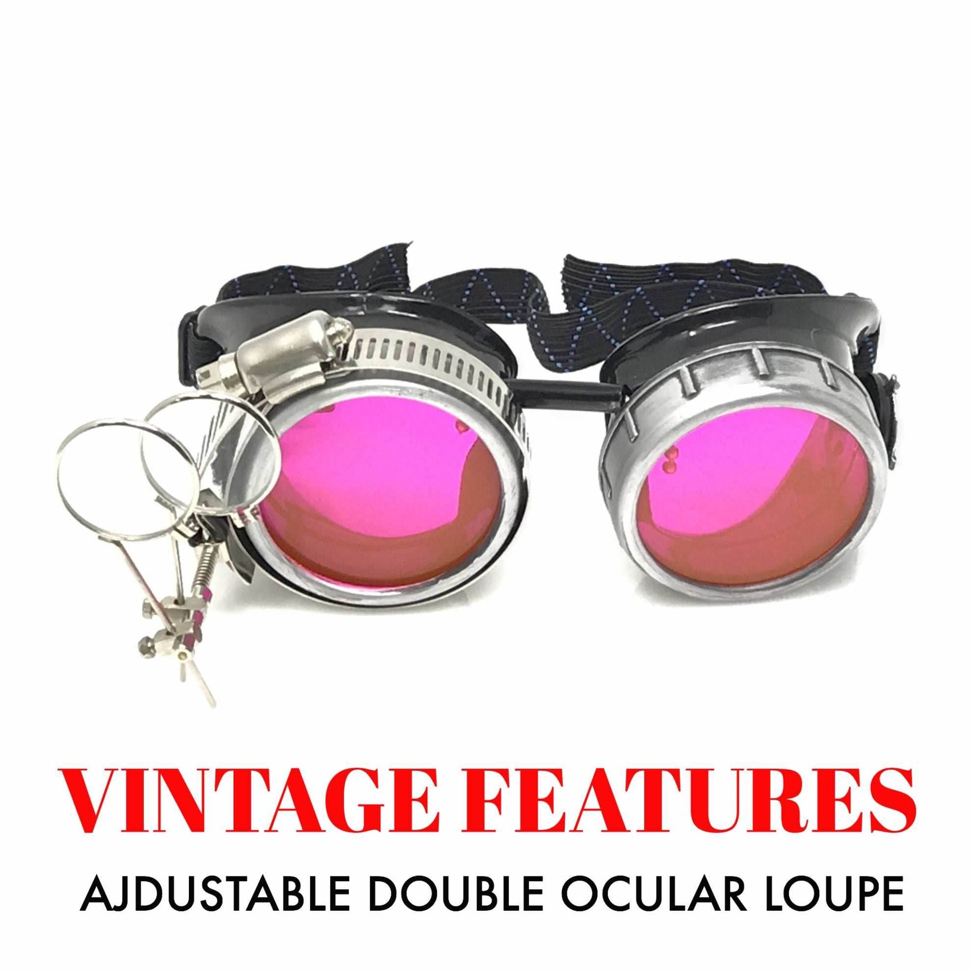 Steampunk Metallic Goggles with magnifying eye loupes pastel goth punk - pink