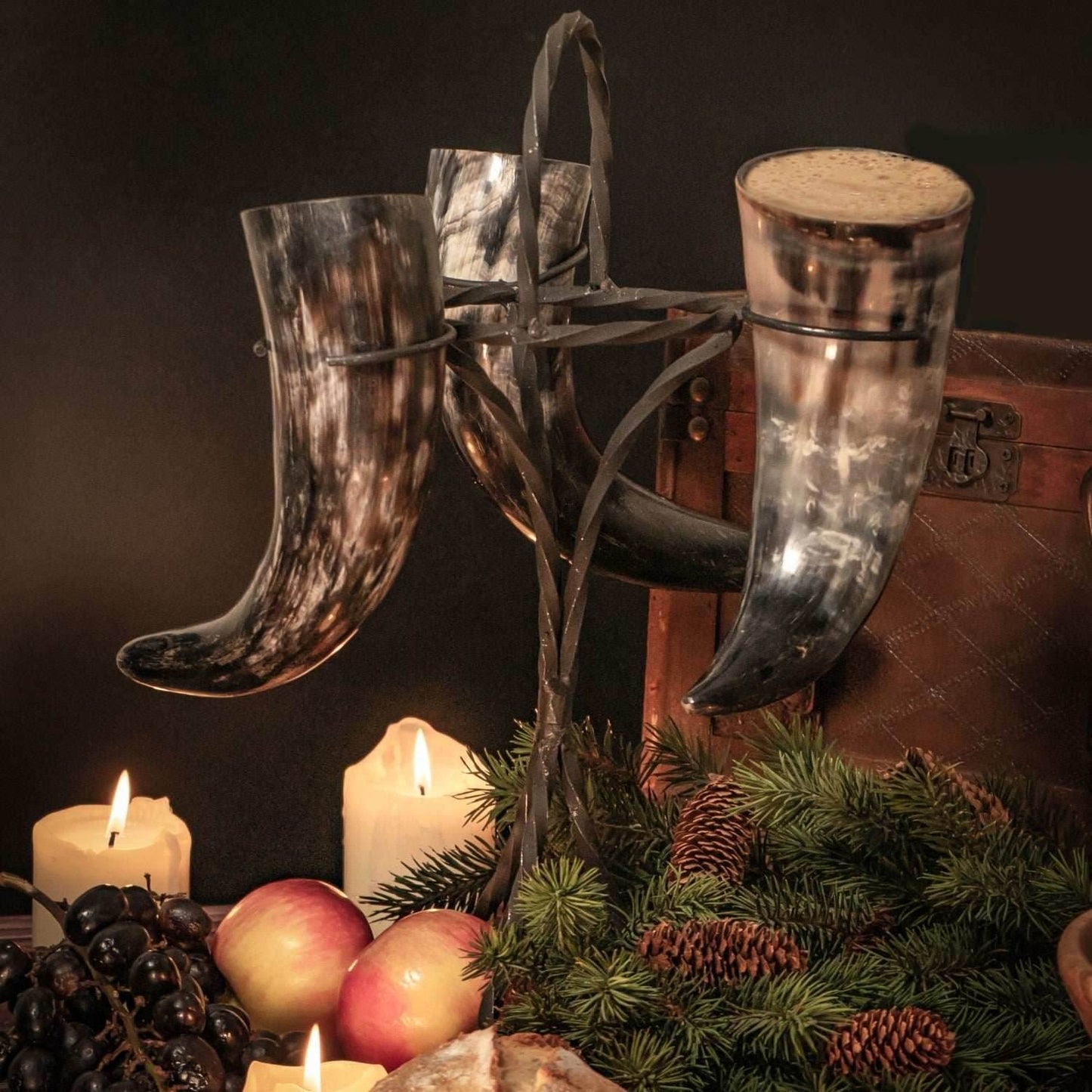 Drinking Horn Set (3) with Iron Stand - 