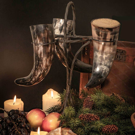 Drinking Horn Set (3) with Iron Stand - 