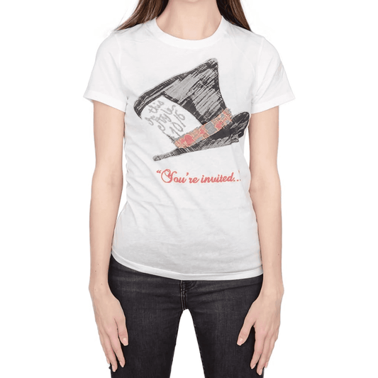 Alice in Wonderland Mad Hatter Hat You're Invited Juniors White T-Shirt Tee - S