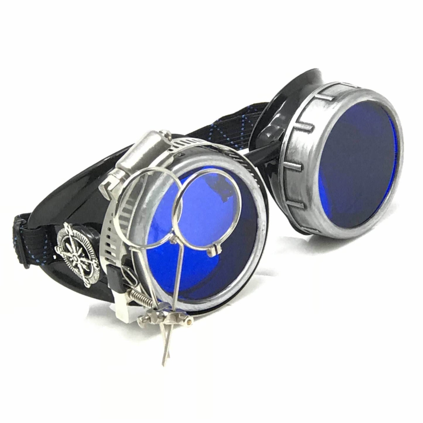 Diesel goth punk Metallic Goggles with magnifying eye loupes blue lenses - 