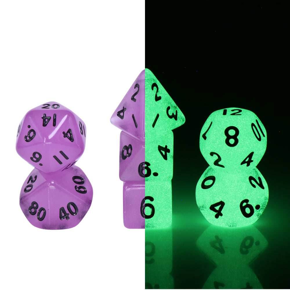 Purple Glow 7-Dice Mini-Dice RPG Set w/Black Numbers Miniature Dice - 