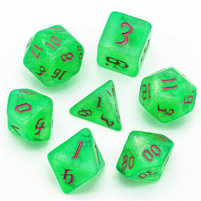 Green Glitter Party Glitter Dice (Pink font) 7-Dice Set RPG DND - 