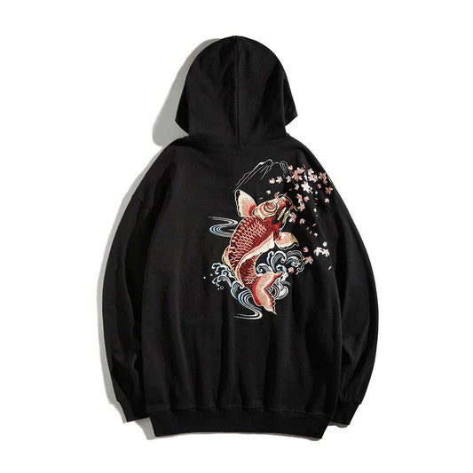 KH9197 Red Koi Embroidery Hoodie - Black / S