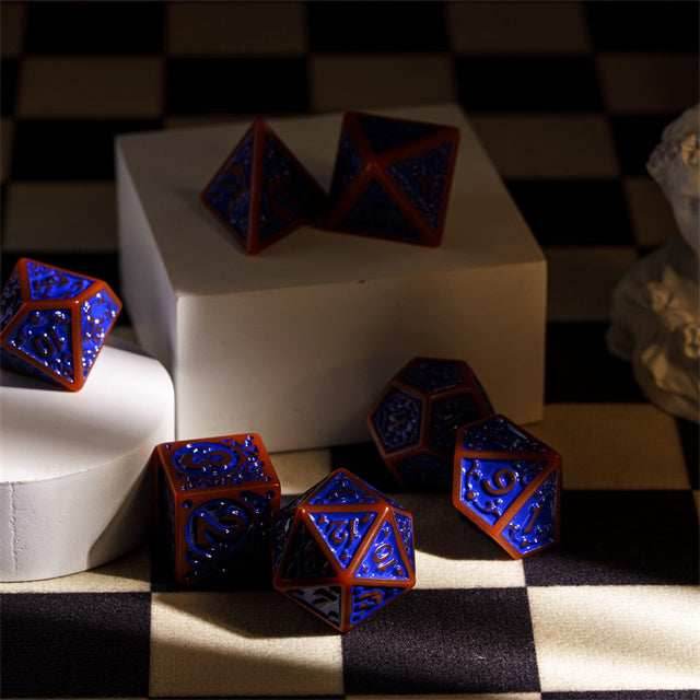 Burnt Orange with Blue Irregular Pattern Fill: 7-Piece Acrylic Dice Set - 