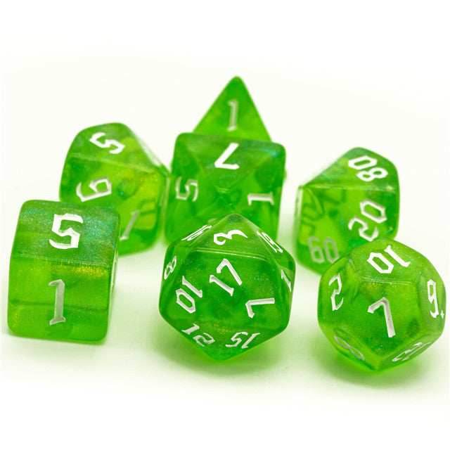 Deep Green Glitter Party Dice (White font) 7-Dice Set RPG DND - 