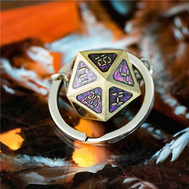 Metal D20 w/ Purple Glitter Keychain Analogue Font d20 - 